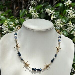Gold Barbed Wire and White Navy Natural Pearl Necklace - Women's Jewelry